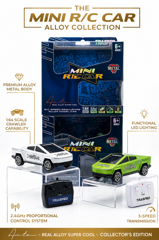 Trasped 1:64 Scale Die-Cast Alloy Cybertruck Style RC Car — 3-Speed Proportional Micro Crawler with LED Lights