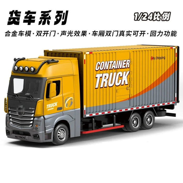1:24 Diecast Heavy Container Truck with Light & Sound, Pull Back, Openable Doors | Metal Toy Model (1851 Edition)
