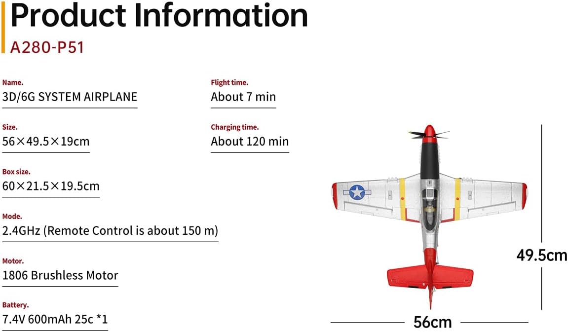 Helixsun XK A280 P-51 RC AIRPLANE, 3D/6G 2.4G 560Mm WINGSPAN