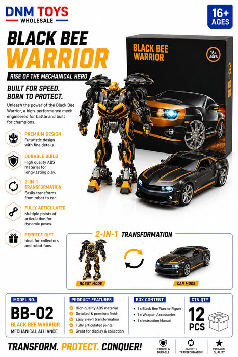 Black Bee Warrior BB-02 Transforming Robot Car | 2-in-1 Collectible Model