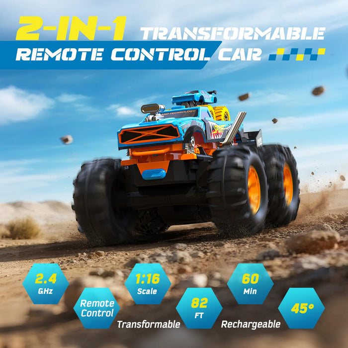 2-IN-1 REMOTE CONTROL CAR WITH TRANSFORM LAUNCHER TRACK – 1:16 RC MONSTER TRUCK TOYS 2.4GHZ, SELF-STANDING 360° FLIPS TOWING MINI CAR