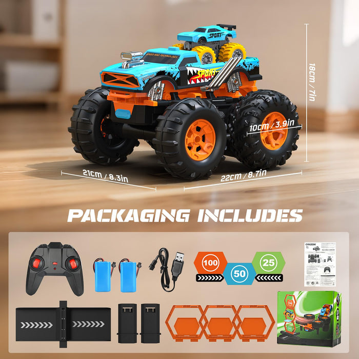 2-IN-1 REMOTE CONTROL CAR WITH TRANSFORM LAUNCHER TRACK – 1:16 RC MONSTER TRUCK TOYS 2.4GHZ, SELF-STANDING 360° FLIPS TOWING MINI CAR