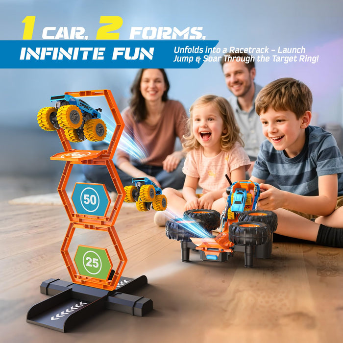 2-IN-1 REMOTE CONTROL CAR WITH TRANSFORM LAUNCHER TRACK – 1:16 RC MONSTER TRUCK TOYS 2.4GHZ, SELF-STANDING 360° FLIPS TOWING MINI CAR