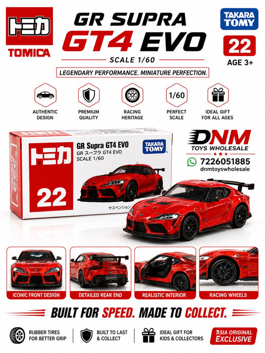 Tomica 22 GR Supra GT4 EVO Diecast Premium Toy Racing Car Model in 1:60 Scale