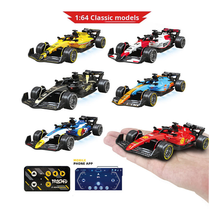 Mini Racer 1:64 Scale Die-Cast Metal F1 RC Racing Car — 3-Speed Adjustable Formula Car with LED Lights & App Control