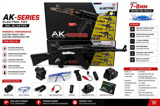 AK-Series Electric Gel Blaster Toy | 7–8mm Water Gel Ball Blaster with Red Dot & Holographic Sights