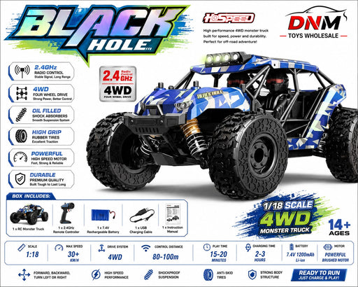 1:18 Scale 4WD RC Off-Road Monster Truck | 2.4GHz Remote Control | 30+ KM/H Speed