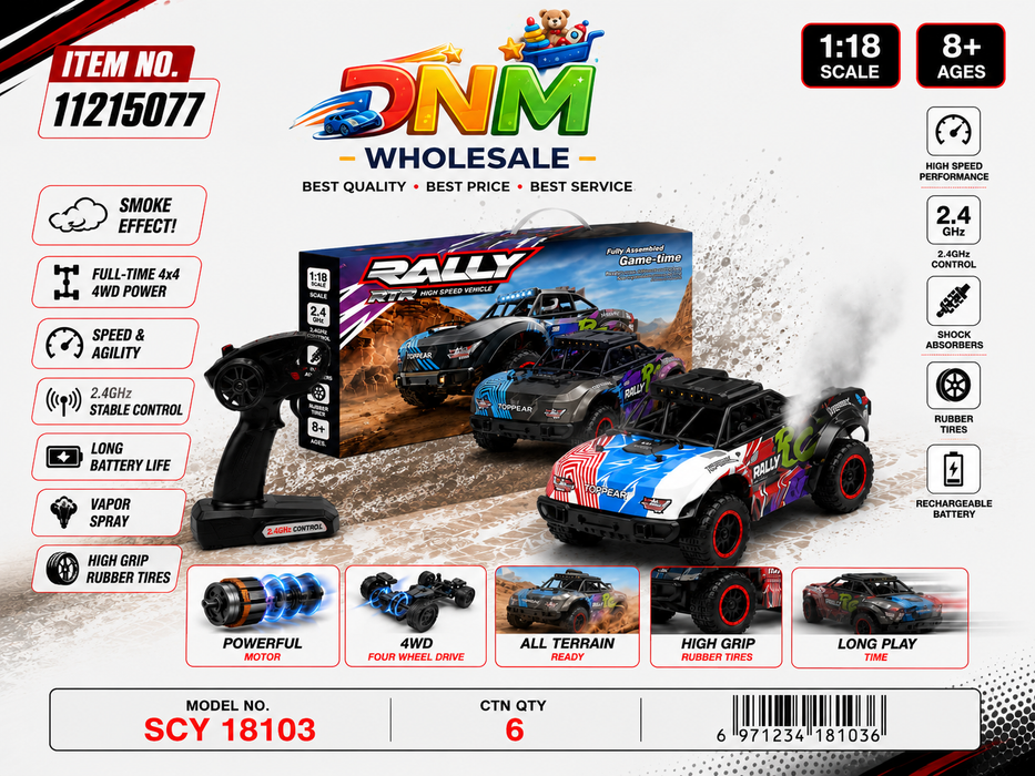 SCY 18103 1:18 Scale Full-Time 4x4 RC Rally Car – High-Speed All-Terrain Remote Control Racing Buggy with Smoke Effect