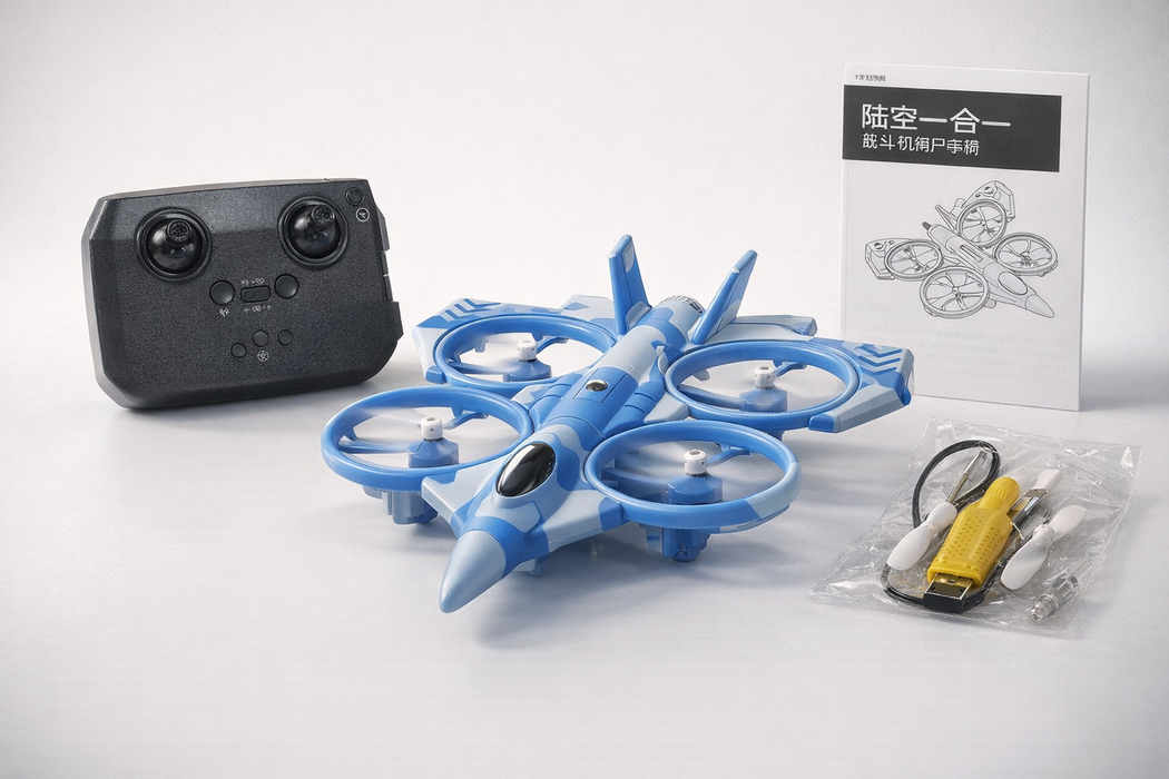 COMBINATION OF LAND AND AIR 2-IN-1 RC FLYING CAR DRONE WITH OPTICAL FLOW HOVER, 360° ROTATION & HEADLESS MODE BLUE