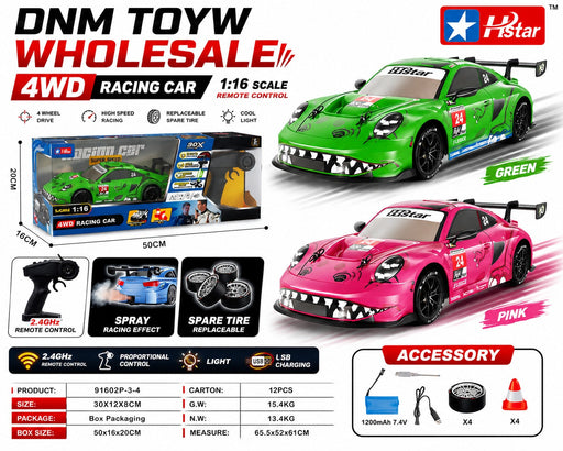 91602P-3-4 1:16 Scale 4WD High-Speed RC Racing Car with Spray Effect & Spare Tires