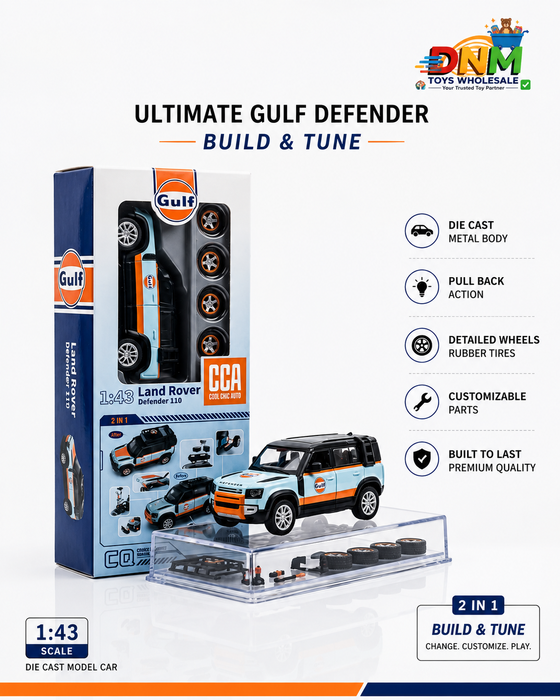 CCA Official Licensed Land Rover Defender 110 Gulf Edition Diecast Model Car | 1:43 Scale Pull Back Metal Toy SUV with 2-in-1 Tuning Kit