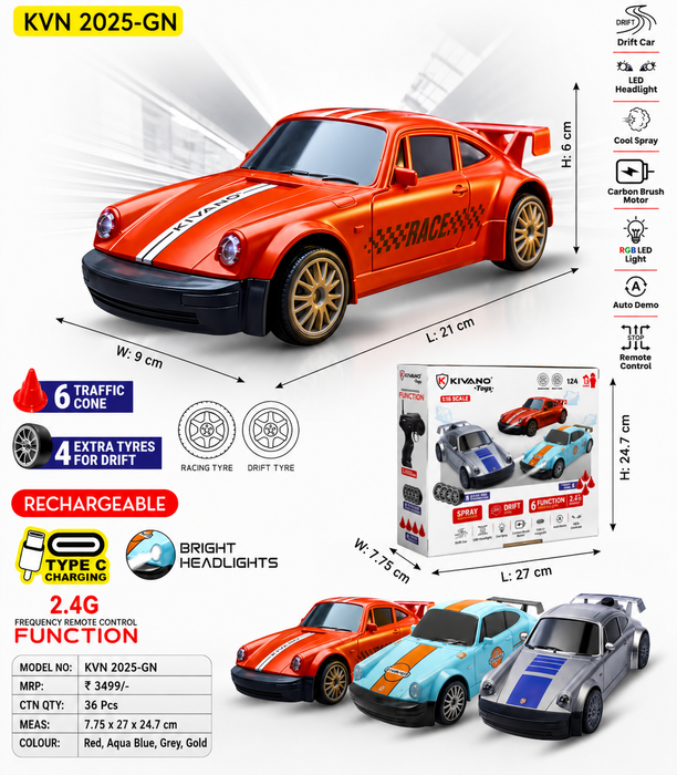 KIVANO KVN 2025-GN 2.4G Rechargeable Remote Control Drift Car with Spray & RGB LED Lights [ pack of 1 ]