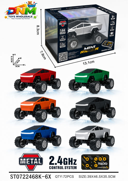 Mini Racer 1:64 Scale Die-Cast Metal Cybertruck Style RC Monster Truck — 2.4GHz Mini Off-Road Crawler with LED Lights & App Control