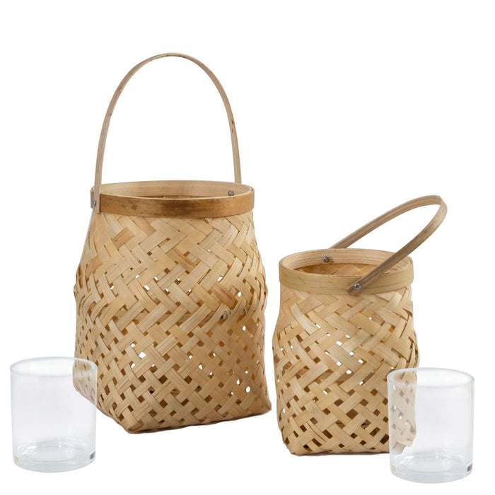 Set 2 Bamboo Candle Holder Lantern w Handle & Glass Cup Insert | Home Decor and Display