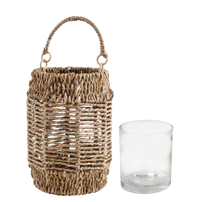 Seagrass Cylinder Candle Holder w Glass Cup & Metal Frame - Backyard Lamp Cage